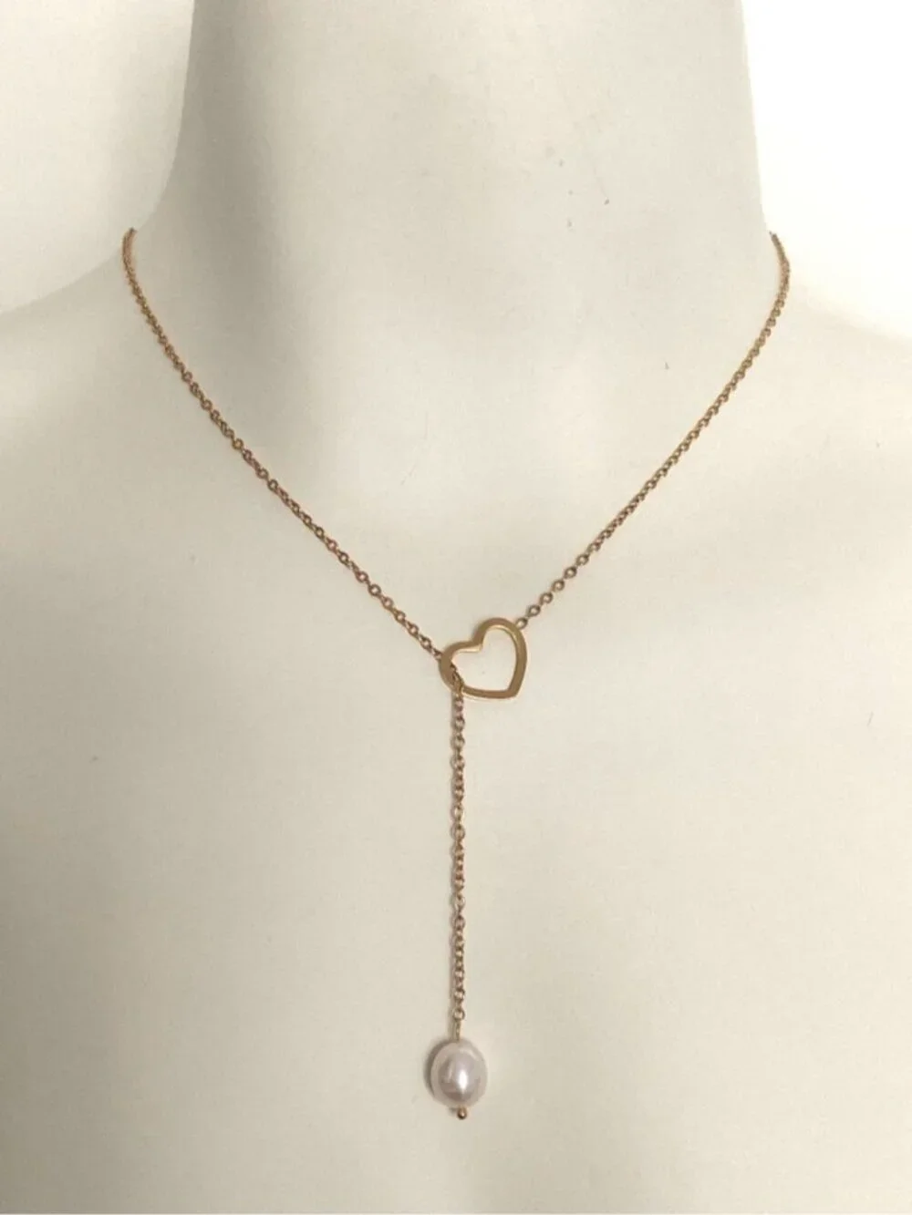 Heart and Freshwater Pearl Drop Y-Shape Dainty Necklace 18K Gold PVD NEW